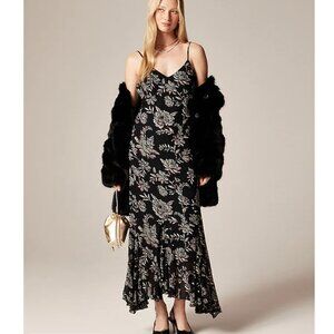 J.Crew flounce-hem slip dress in black floral chiffon NWT